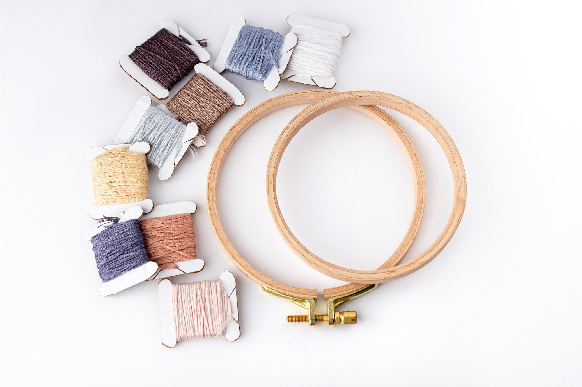 Embroidery kit and modern workspace with hoop and threads